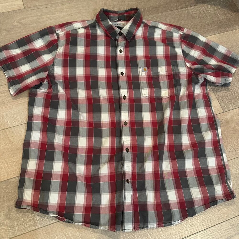 CARHARTT MENS RED GRAY PLAID SHORT SLEEVE RELAXED FIT 2XL